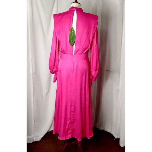 Farm Rio Maxi Dress Cut Out Satin Pink L Shoulder Pad Long-Sleeve Cocktail - Picture 10 of 16